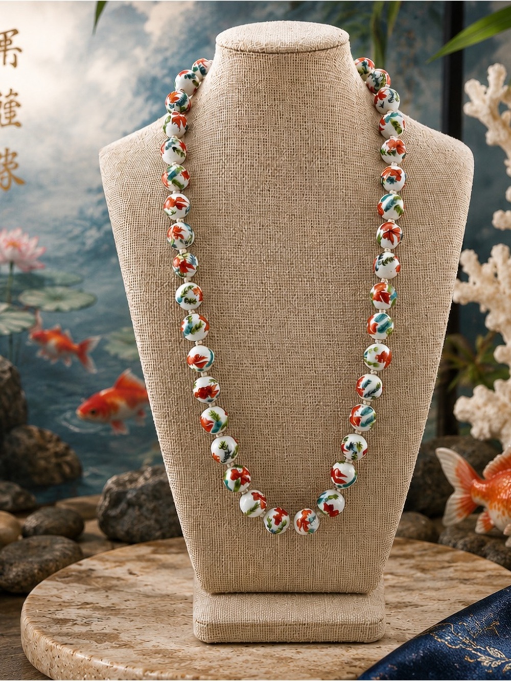 Hand-Painted Fantail Goldfish Ceramic Bead Necklace in White, Red & Green